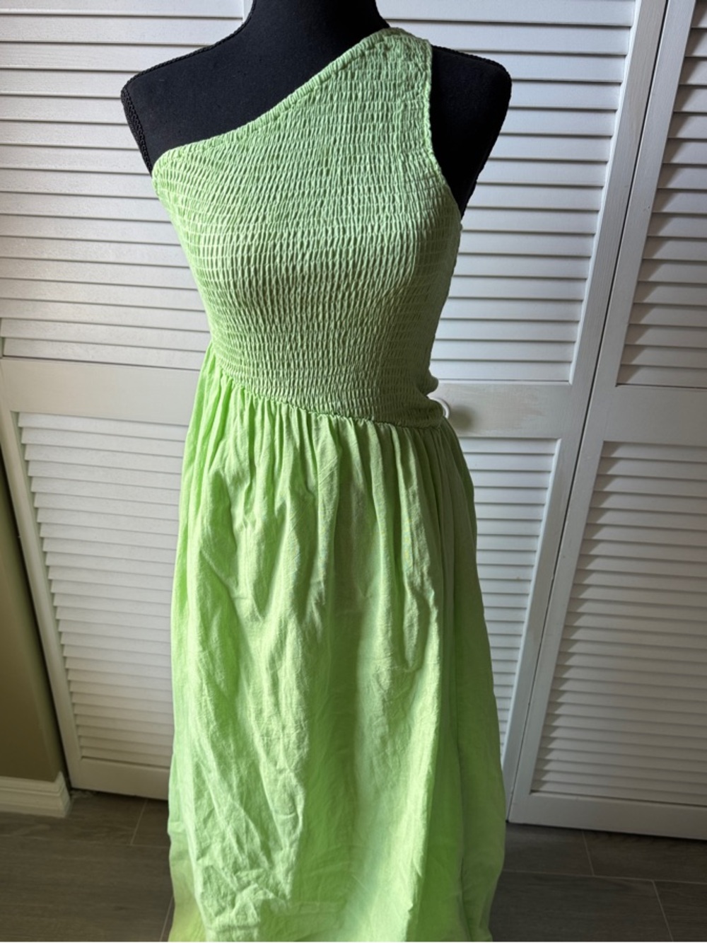 One-Shoulder Smocked Maxi Dress in Lime Green - Women